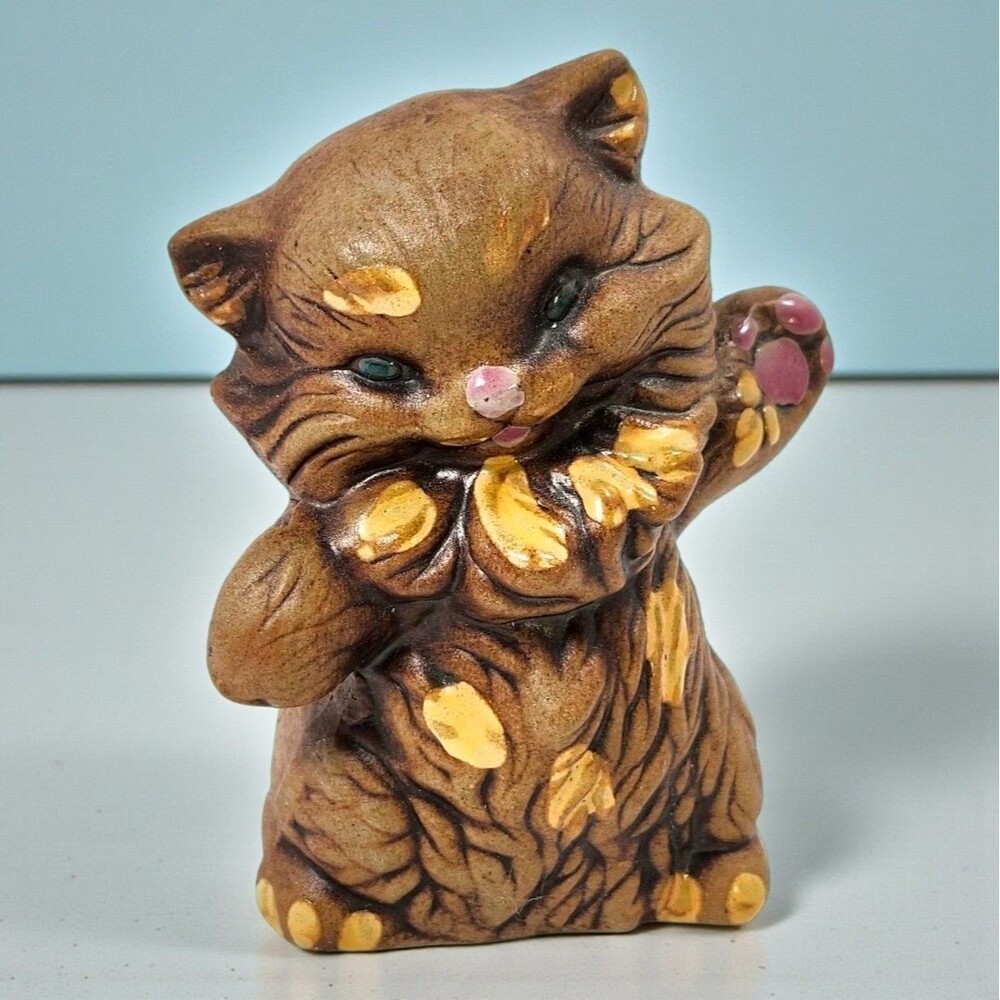 Vintage Waving Cat Figurine USA Pottery Lucky 13 Kitsch 4.5" MCM Cottage Farm